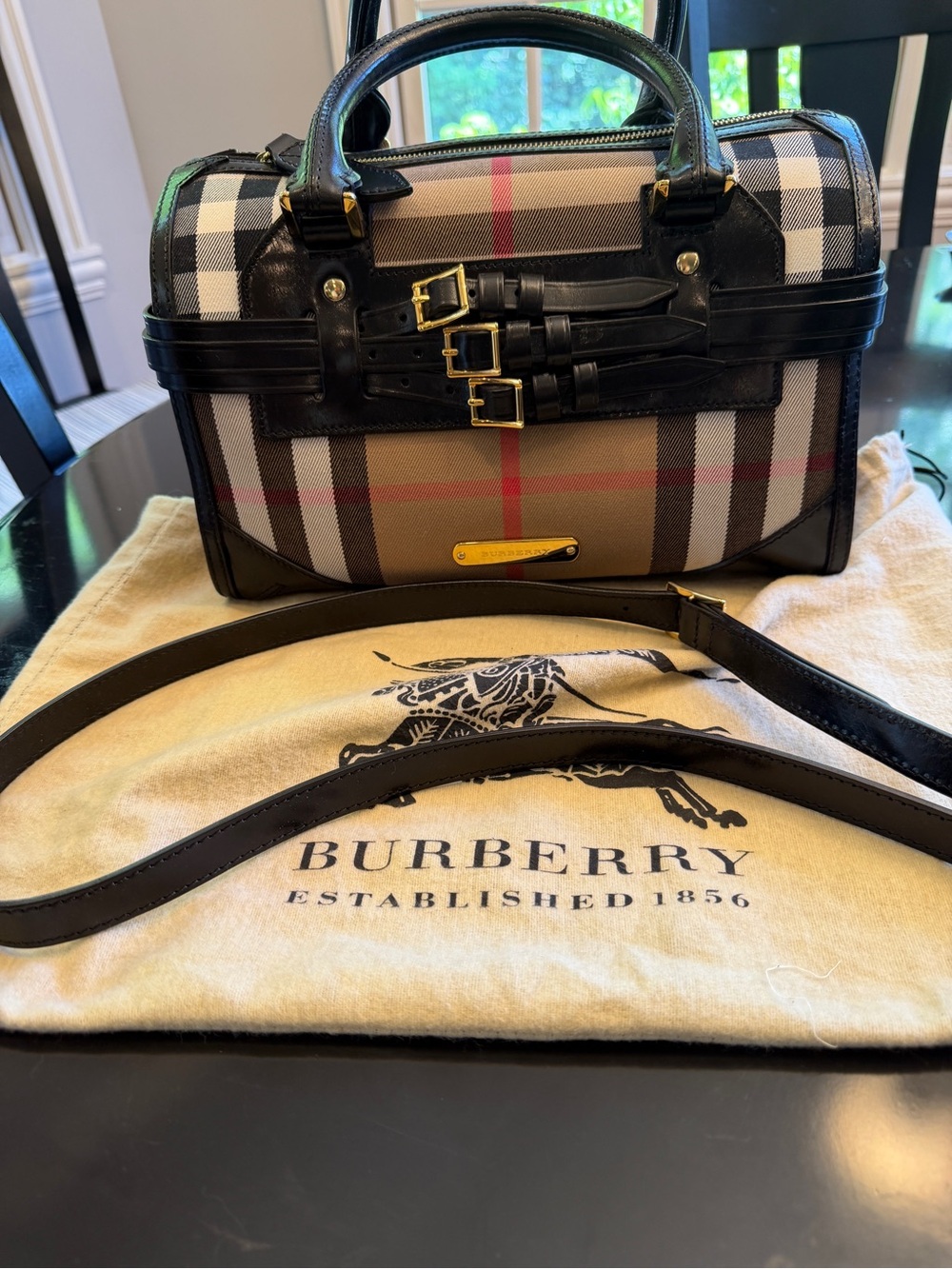 Burberry Beige Nova Check Satchel with Black Trim and Red Accents like brand new